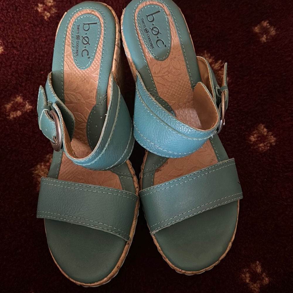 Wedge, sandal, light teal blue blue with strap buckle  all on the side